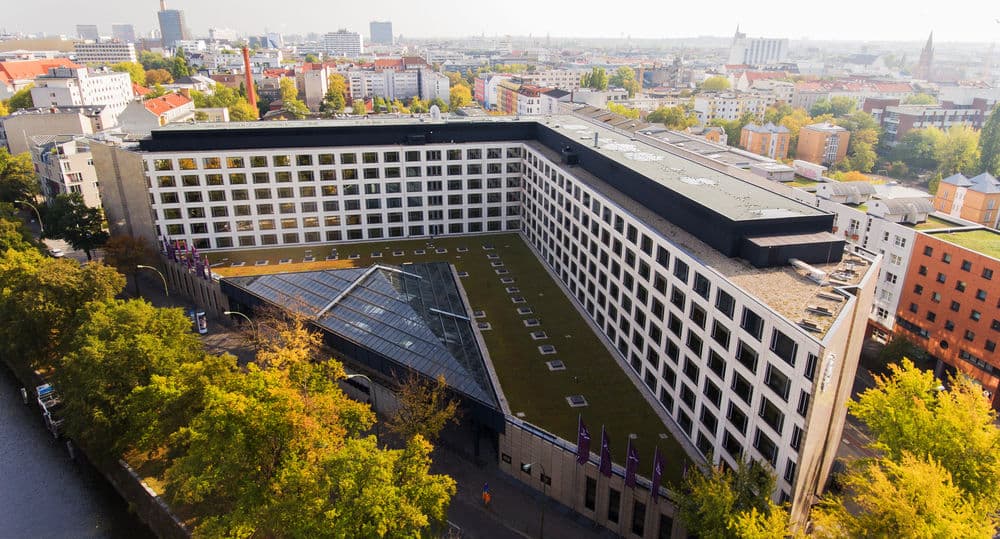 The Sheraton Berlin's signature triangular bay window nook with a view of the leafy Tiergarten district.