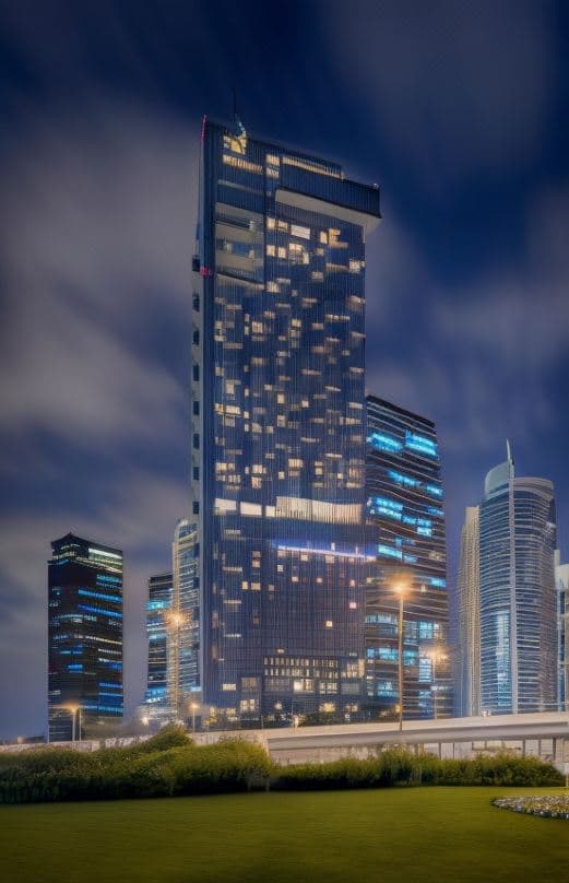 A guest relaxing on the hanging swing chair at Paros rooftop pool, framing the Dubai Marina skyline and skyscrapers.