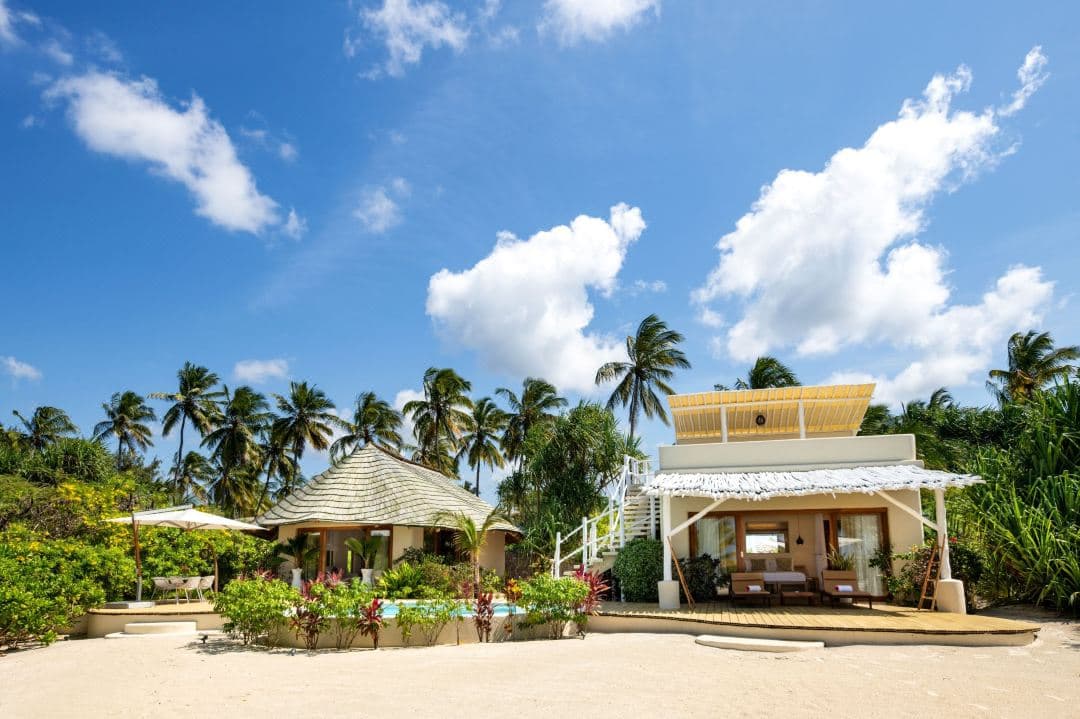Aerial view of a private villa at Zanzibar White Sand Luxury Villas, showing the two thatched structures, private pool, and lush surrounding gardens.