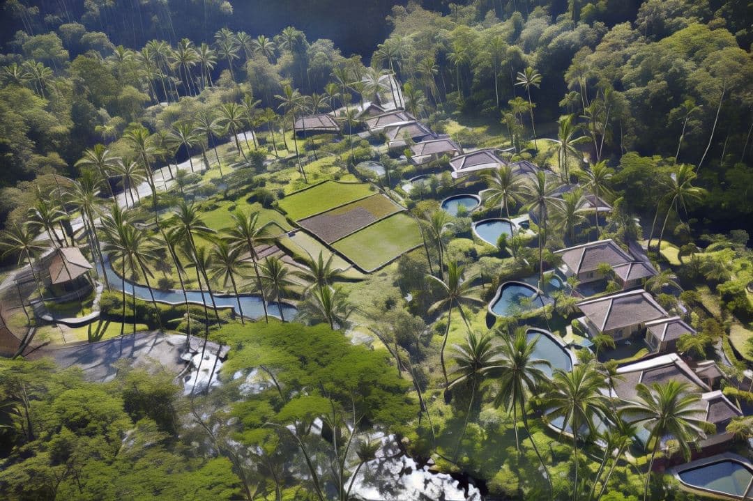 The Royal Pita Maha's infinity pool overlooking the dense Ubud jungle and Ayung River valley.