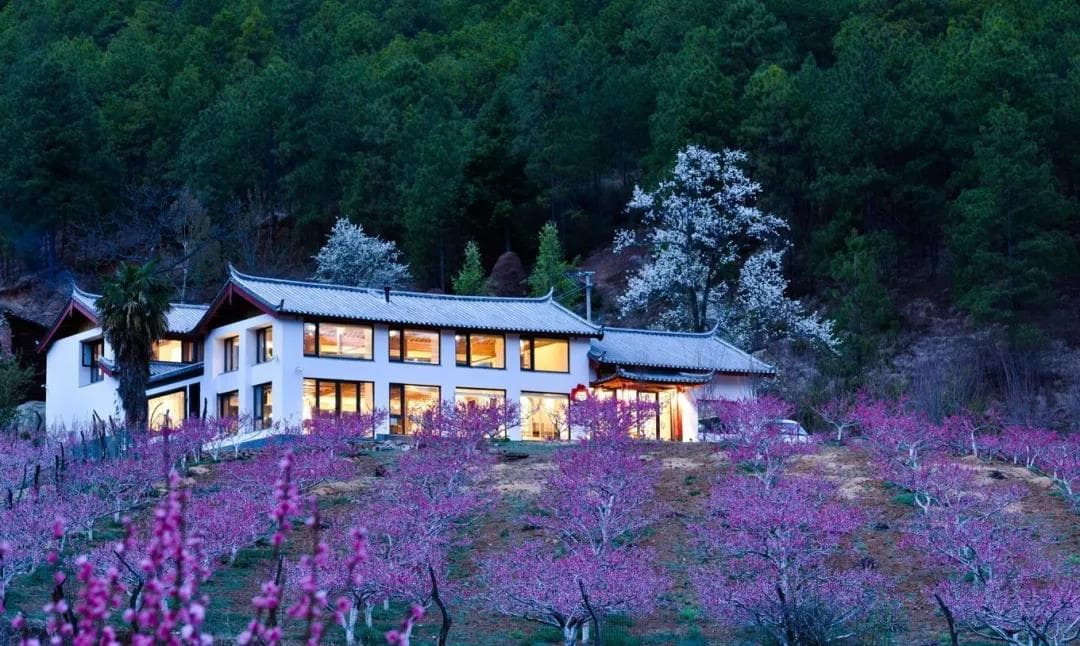 A minimalist stone courtyard at LUX* Tea Horse Road Peach Valley surrounded by mist-covered mountains and blooming peach trees.