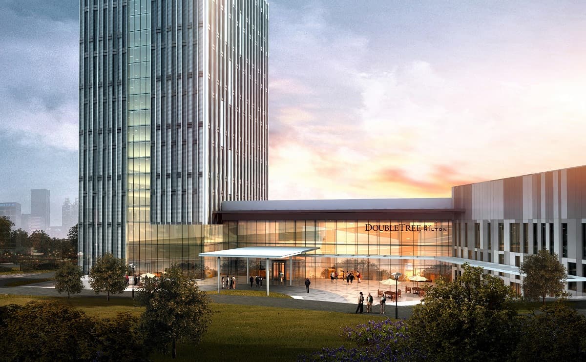 Doubletree By Hilton Kunming Airport exterior with modern façade near the Dianchi area in Kunming
