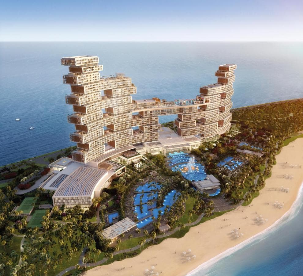 The Tetris-like stacked architecture of Atlantis The Royal Dubai featuring the Skyblaze fountain and Cloud 22 bridge.