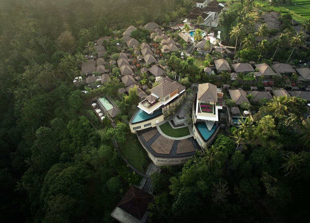 Kamandalu Ubud private pool villa overlooking active rice terraces and dense jungle greenery.