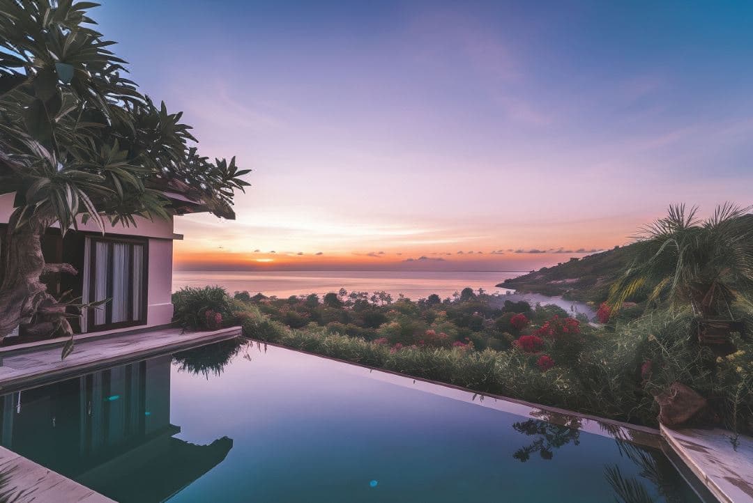 A private infinity pool at The Griya Villas overlooking Lipah Bay with Mount Agung in the distance.