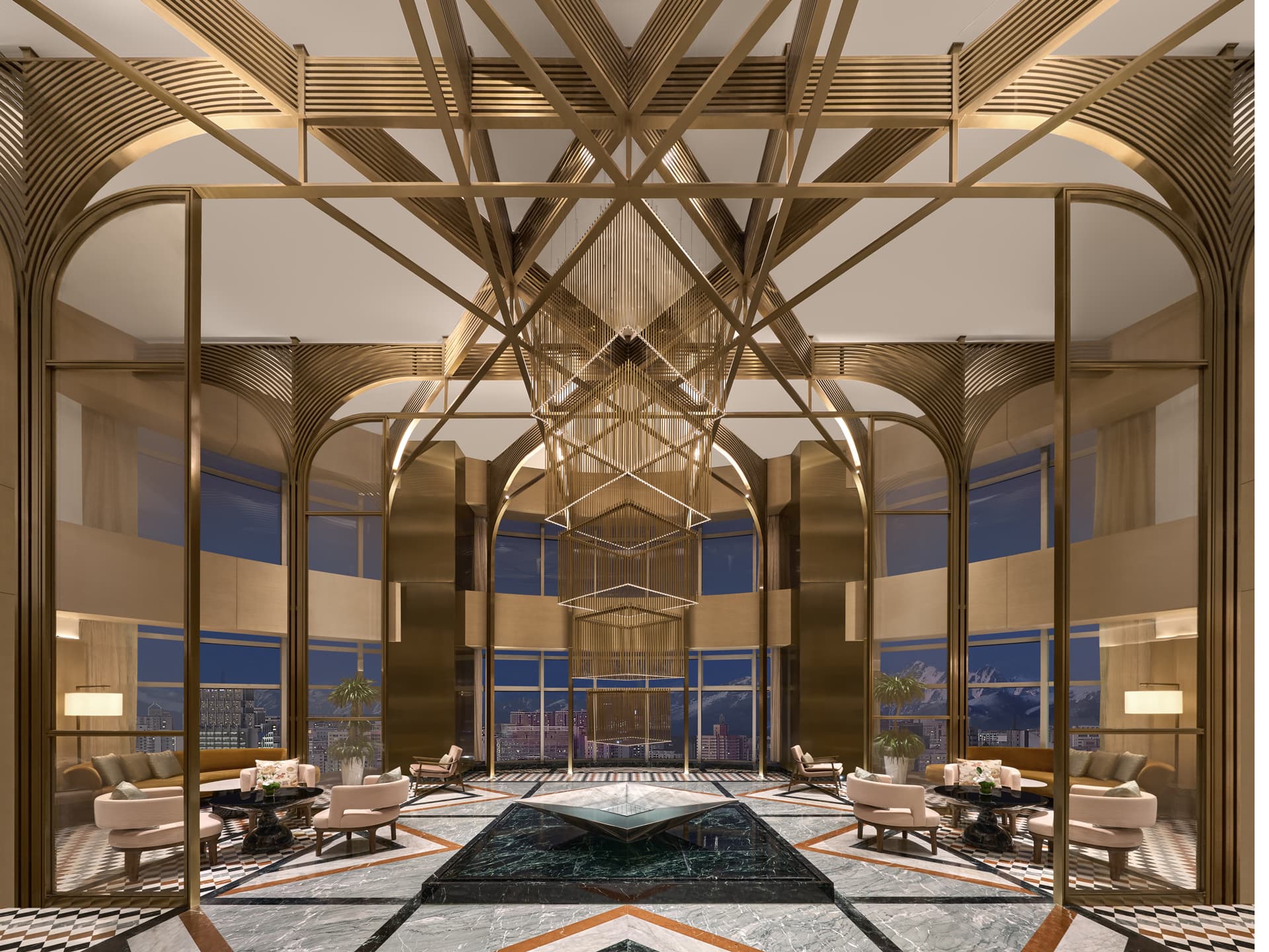 Conrad Urumqi Sky Lobby featuring bamboo lattice walls and emerald marble floors overlooking the Tianshan Mountains.