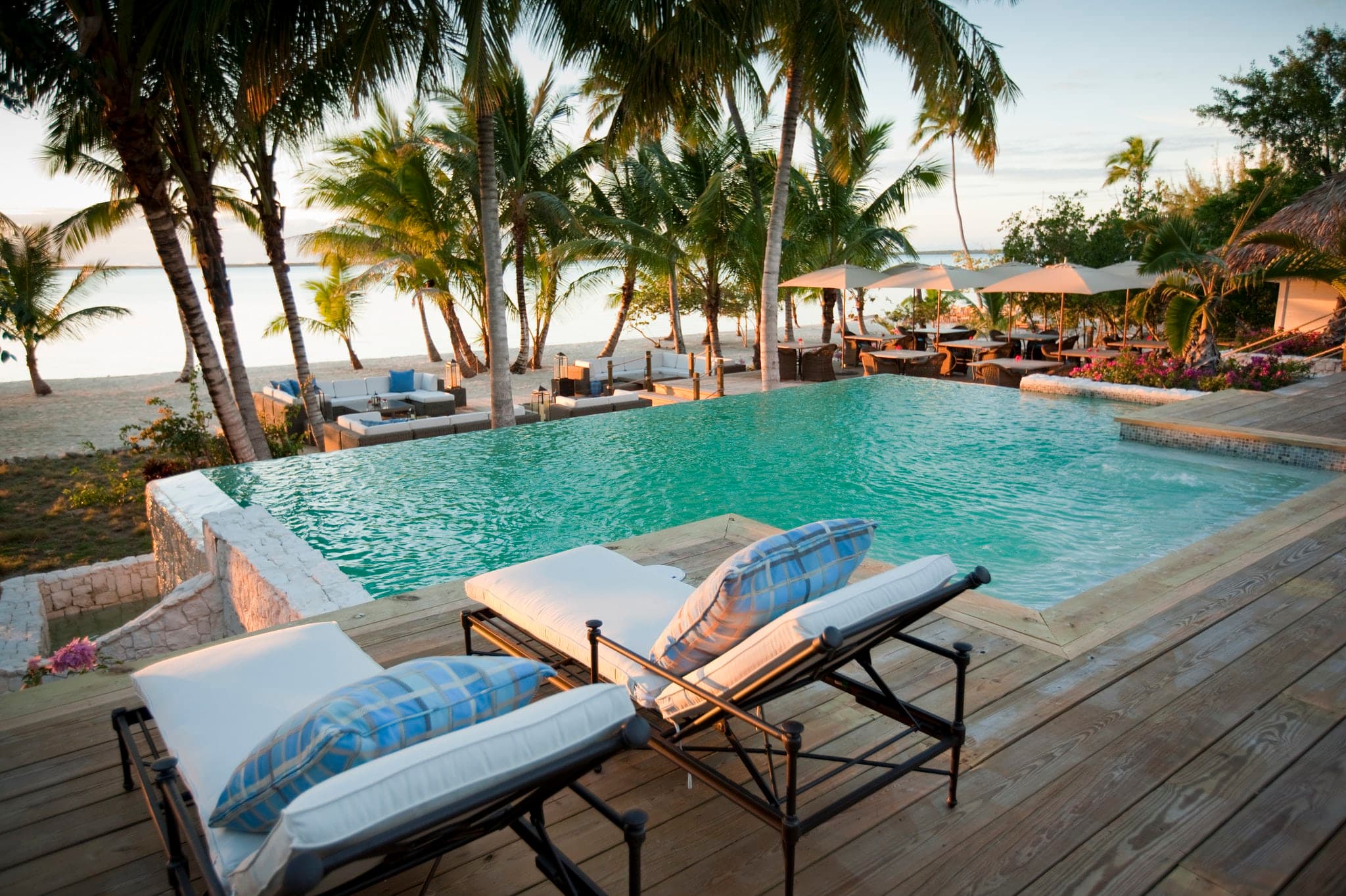 Tiamo Resort's saltwater infinity pool overlooking the turquoise South Bight of Andros.
