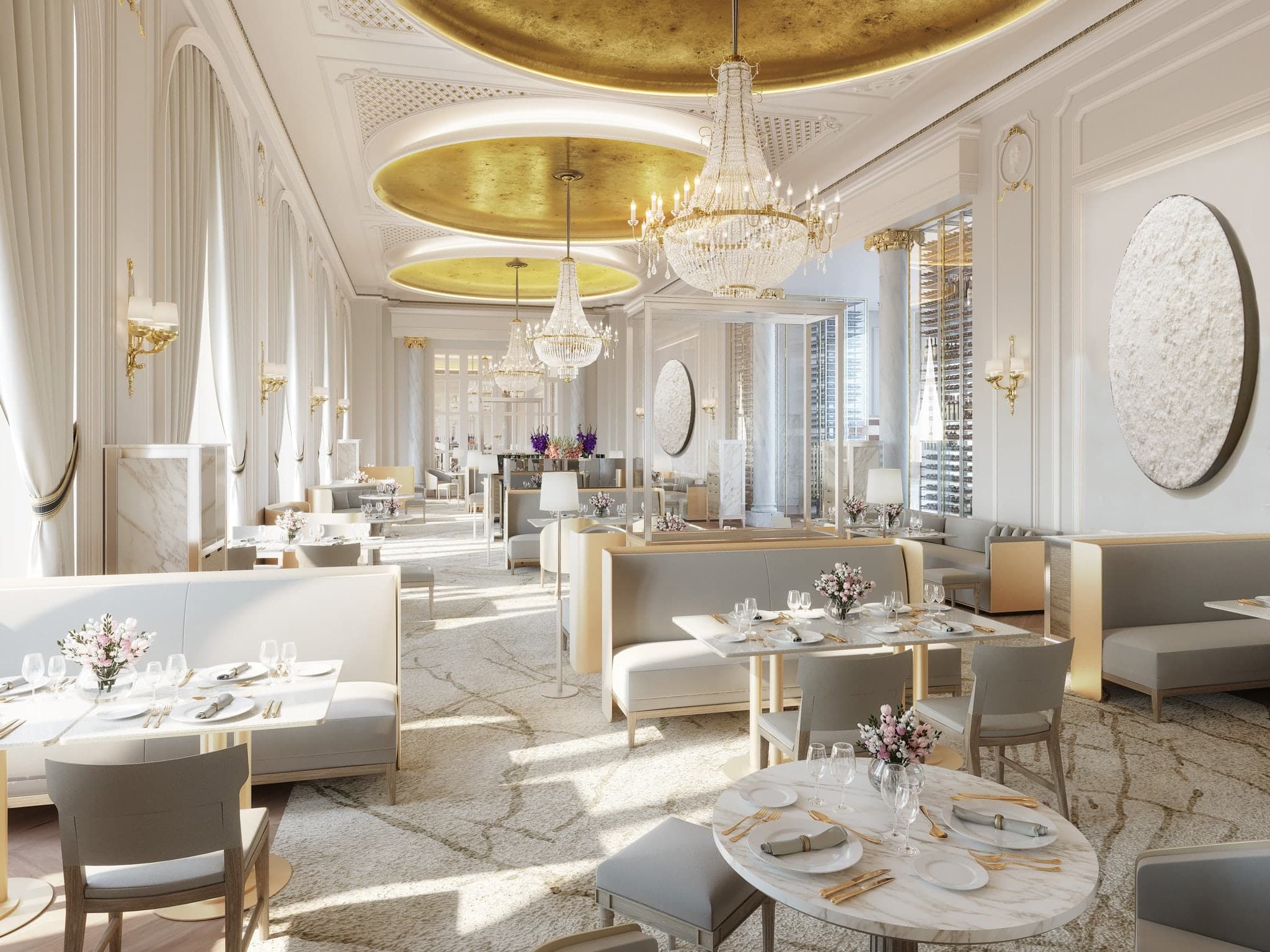 The glass-domed Palm Court at Mandarin Oriental Ritz Madrid during afternoon tea service.