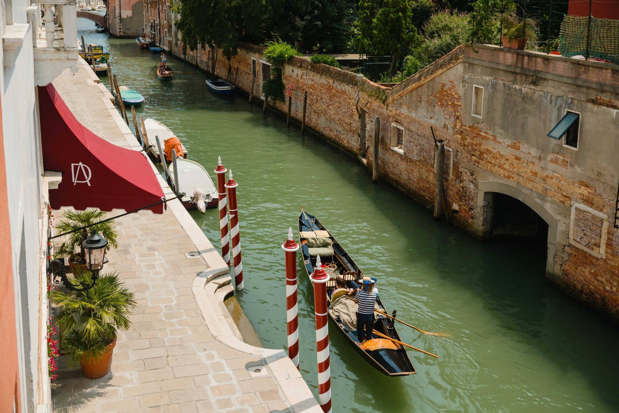 A serene view of the Palazzo dei Dogi's private botanical garden featuring the historic ice grotto and lush greenery.