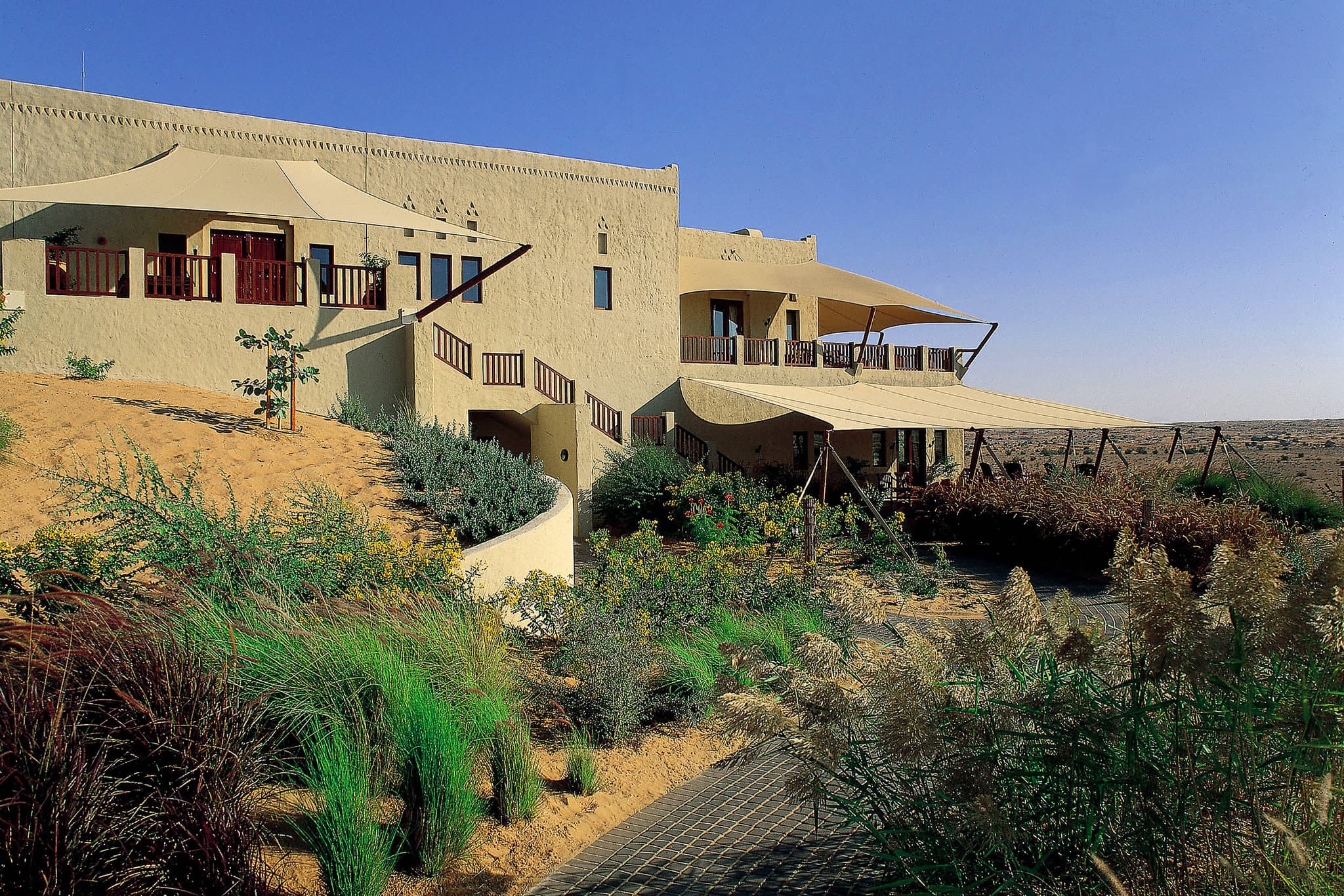 A private infinity pool at Al Maha Resort overlooking golden sand dunes with an Arabian oryx grazing near the deck.
