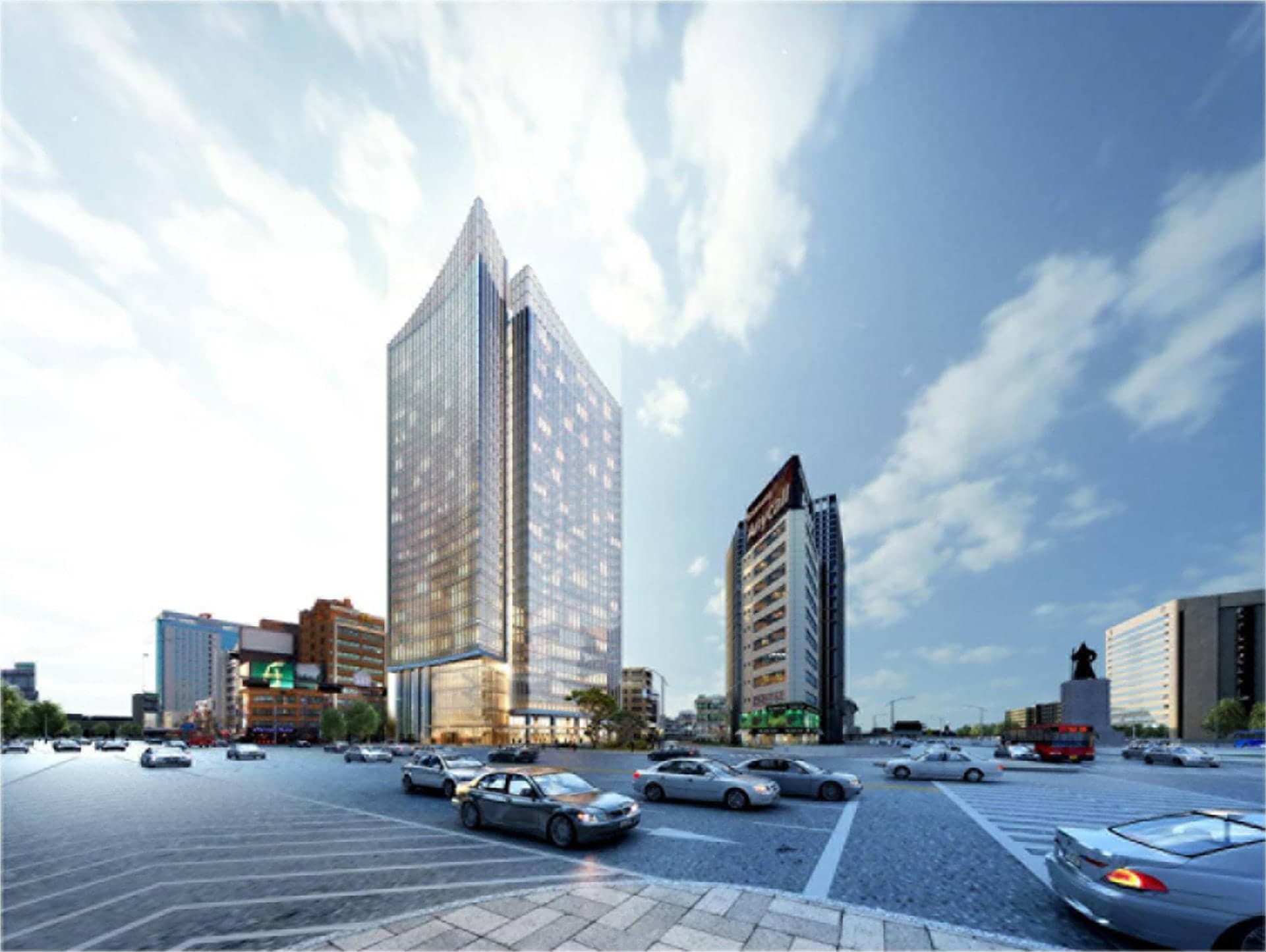 A panoramic view from a Four Seasons Seoul suite featuring floor-to-ceiling windows overlooking Gyeongbokgung Palace and the Gwanghwamun Gate at sunset.