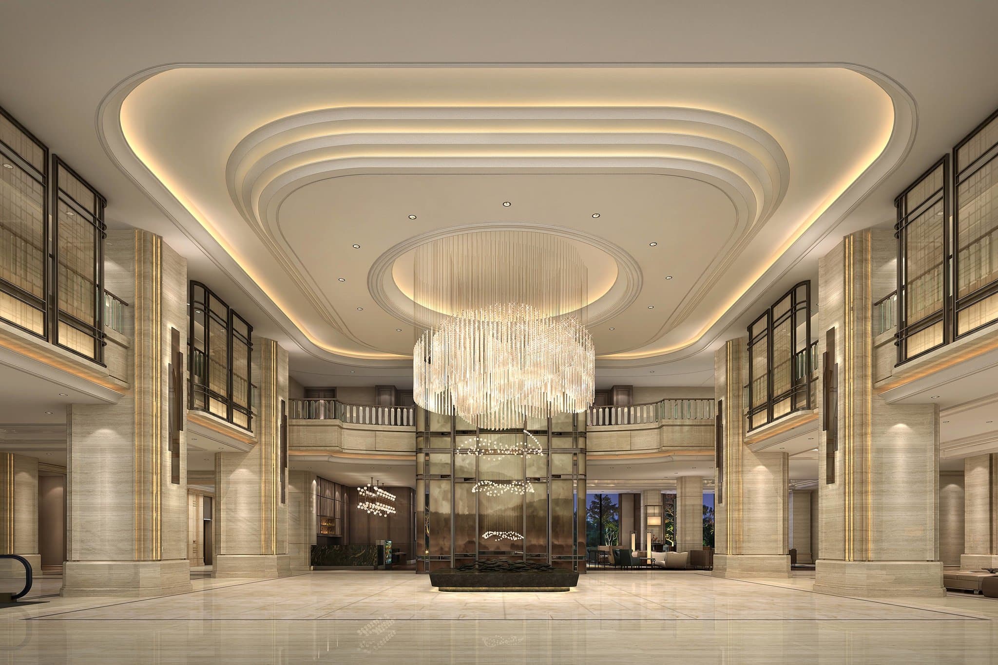 Symmetrical indoor pool at Zhejiang Taizhou Marriott Hotel with minimalist stone columns and calm water.