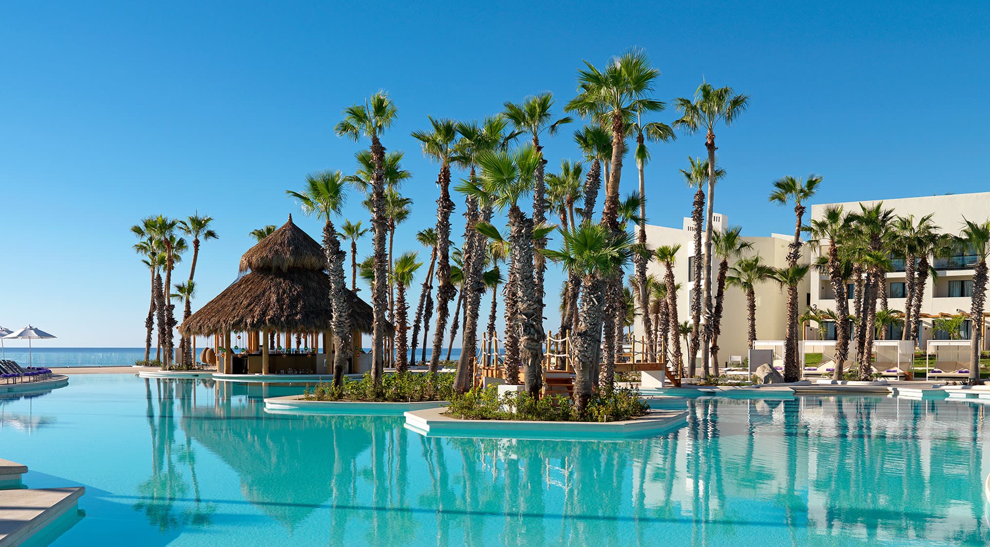The Reserve infinity pool at Paradisus Los Cabos with glass walls overlooking the swimmable Tequila Cove beach.