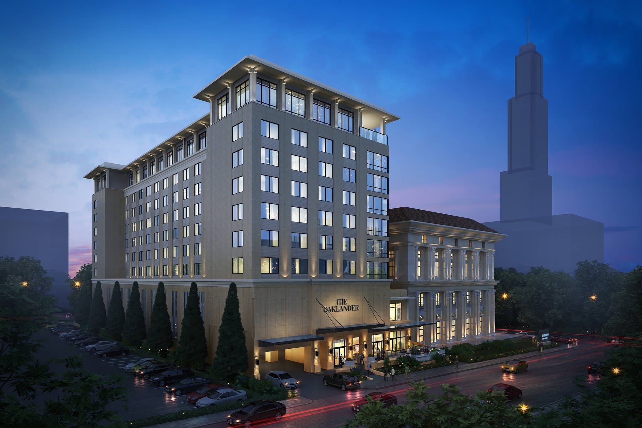 A moody, sophisticated hotel bar with floor-to-ceiling windows overlooking the University of Pittsburgh's Cathedral of Learning at twilight.