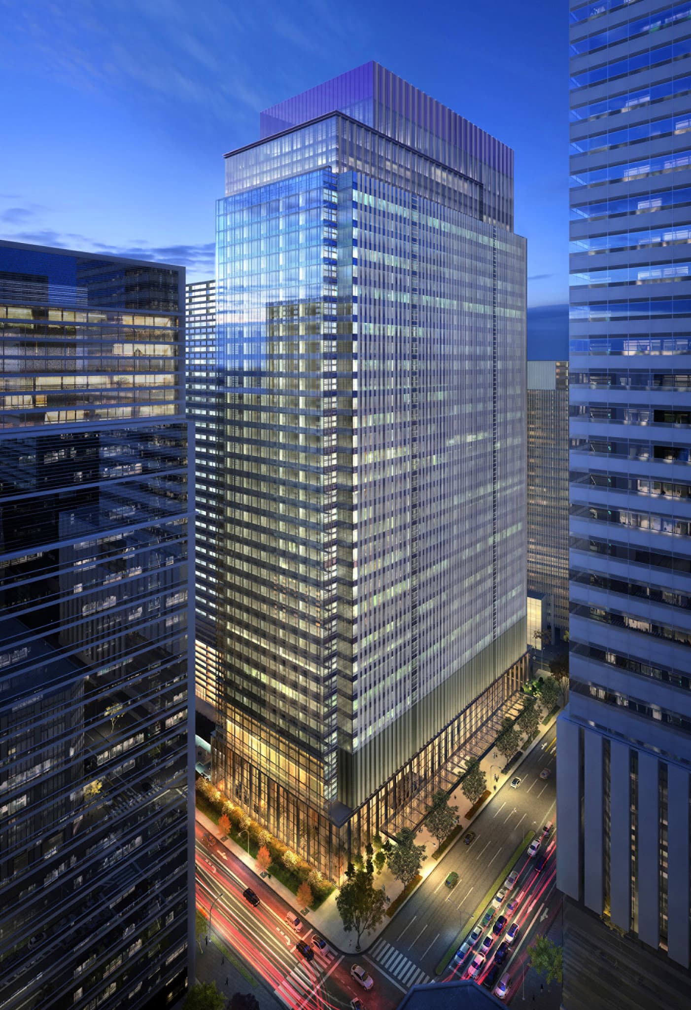 A shallow infinity water feature in the 39th-floor lobby of Four Seasons Otemachi, reflecting the Tokyo skyline and Imperial Palace gardens.