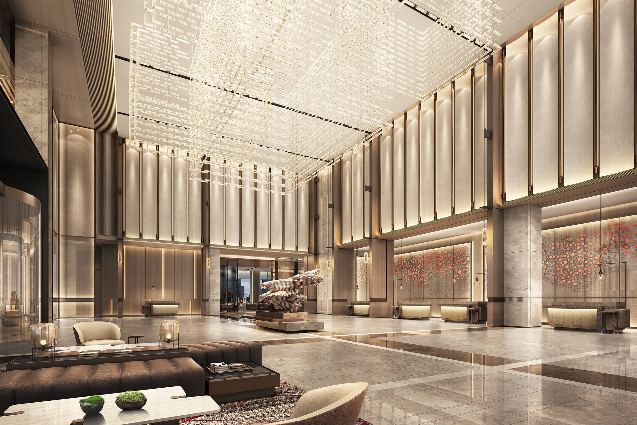 Exterior of Wuhan Marriott Hotel Hankou showing the unique 'stacked books' architectural design with red accents.