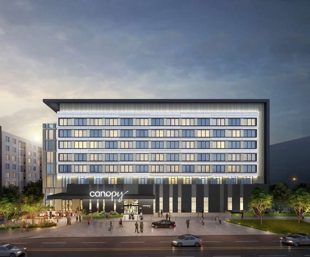 Canopy Dallas Frisco Station 酒店大堂，展示了戏剧性的“牛仔套索”灯光装置和现代工业风家具。