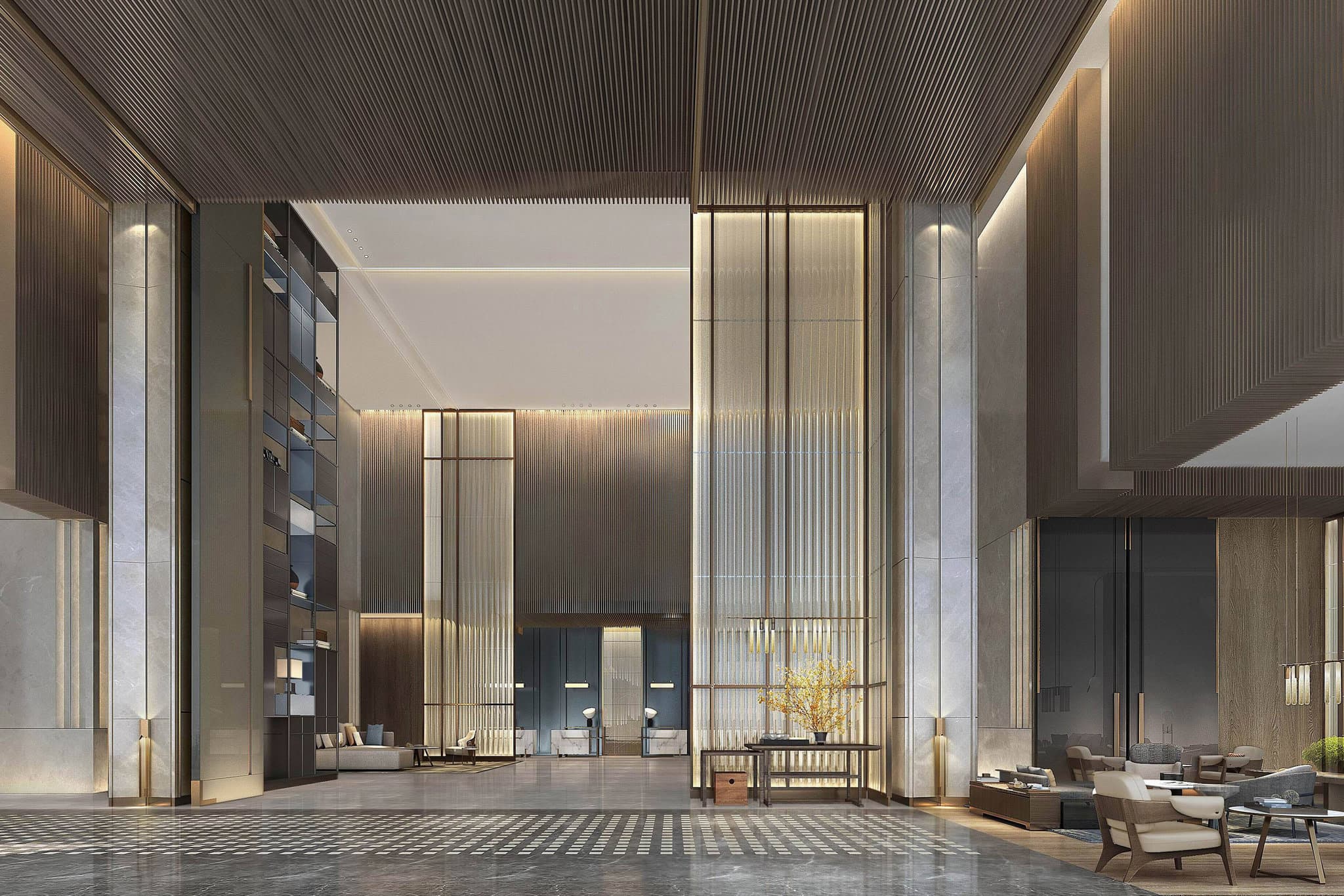 Futuristic lobby of Wuhan Marriott Optics Valley featuring data-stream inspired lighting and modern geometric furniture.