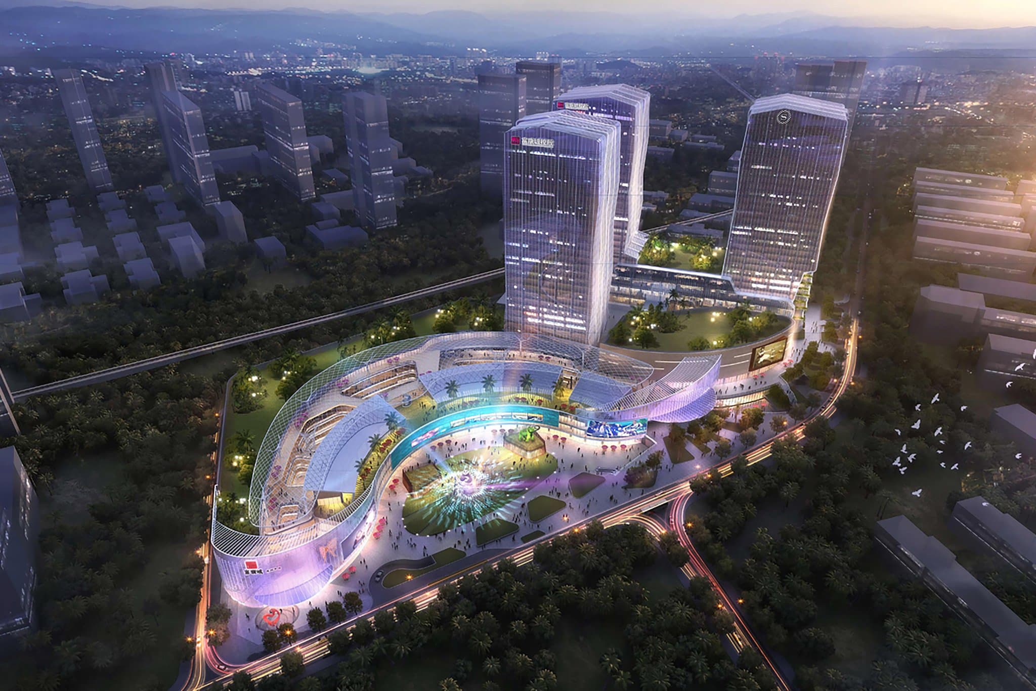 Exterior of the luxurious 5-star Sheraton Kunming hotel at dusk, showcasing modern architecture and welcoming lights.