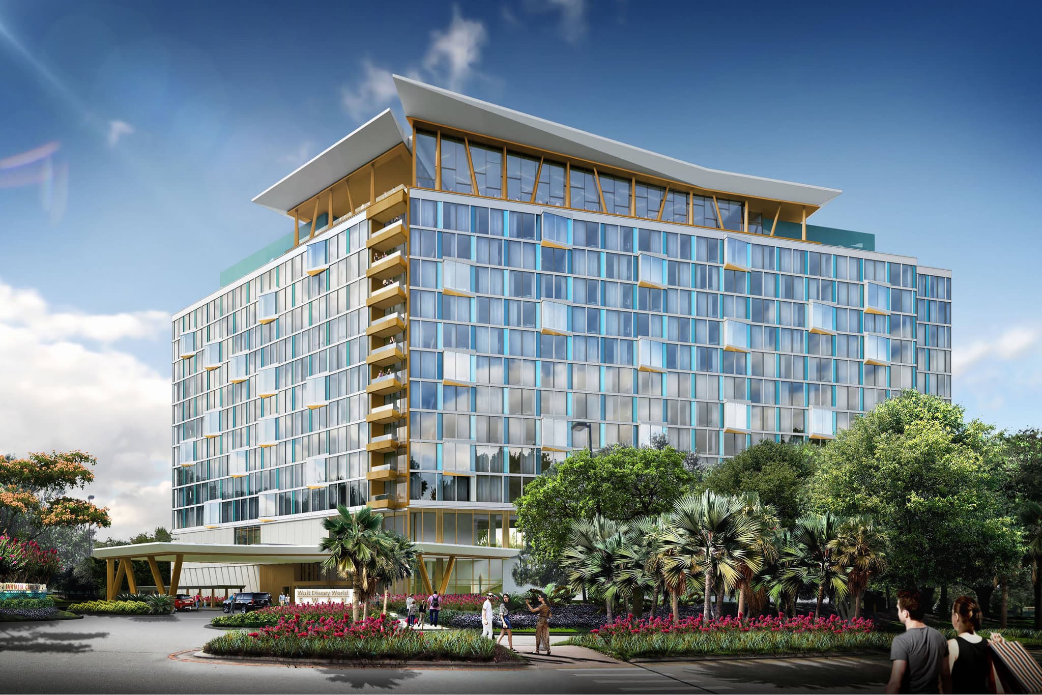 A modern hotel room with floor-to-ceiling windows overlooking Epcot's Spaceship Earth and the Orlando skyline.