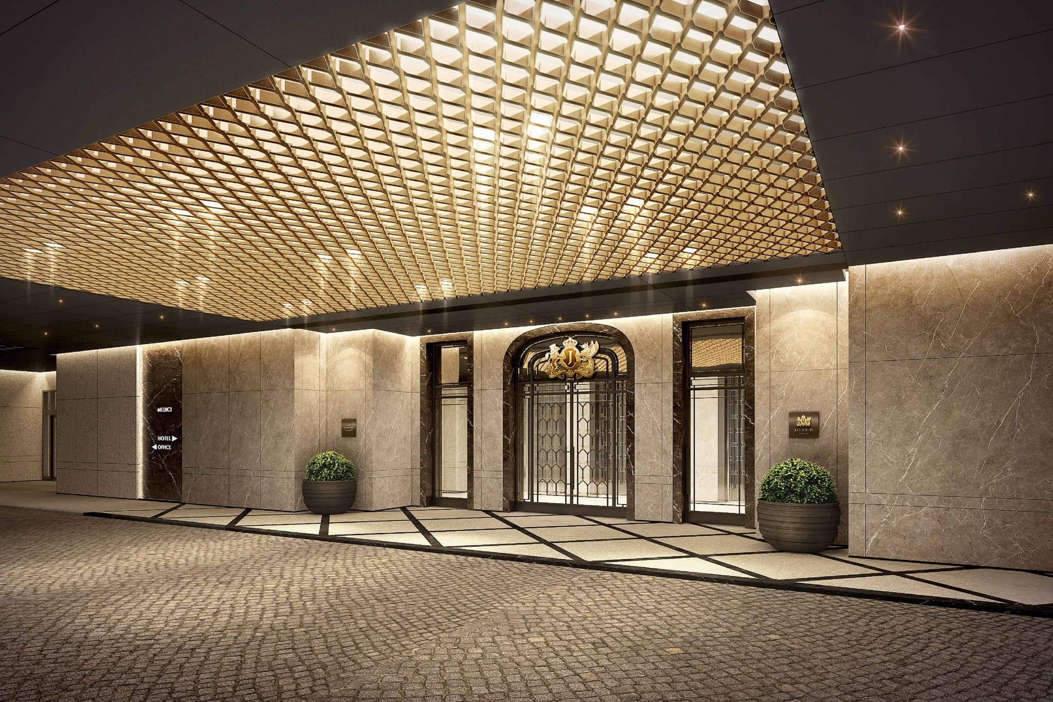 Josun Palaceの客室から望むソウル江南の夜景。アール・デコ調の豪華なインテリア。