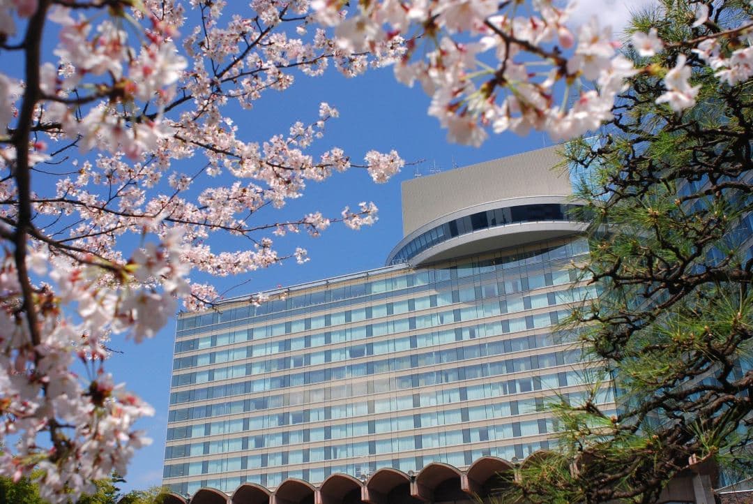 A serene Japanese rock garden view from a high-rise hotel window, featuring bonsai trees and washi paper lanterns.