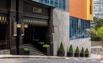 Dimly lit, opulent library bar at L'Escape Hotel Seoul with velvet armchairs and peacock feather accents.