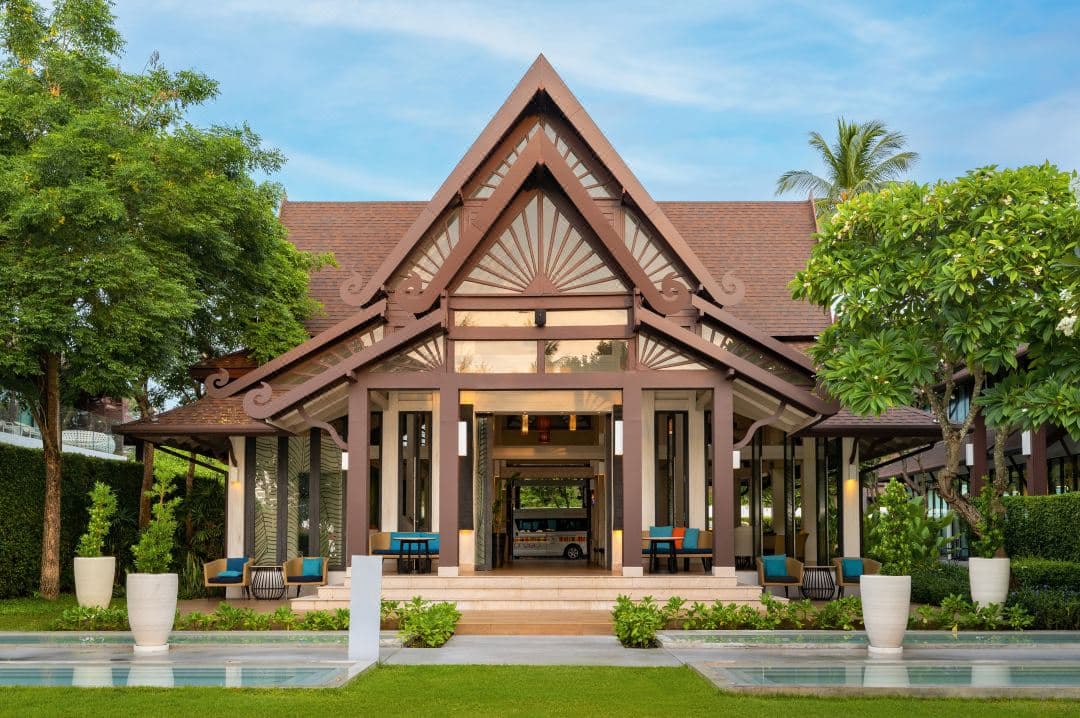 Open-air lobby pavilion at Amari Koh Samui featuring oversized hanging lanterns and contemporary Thai architecture.