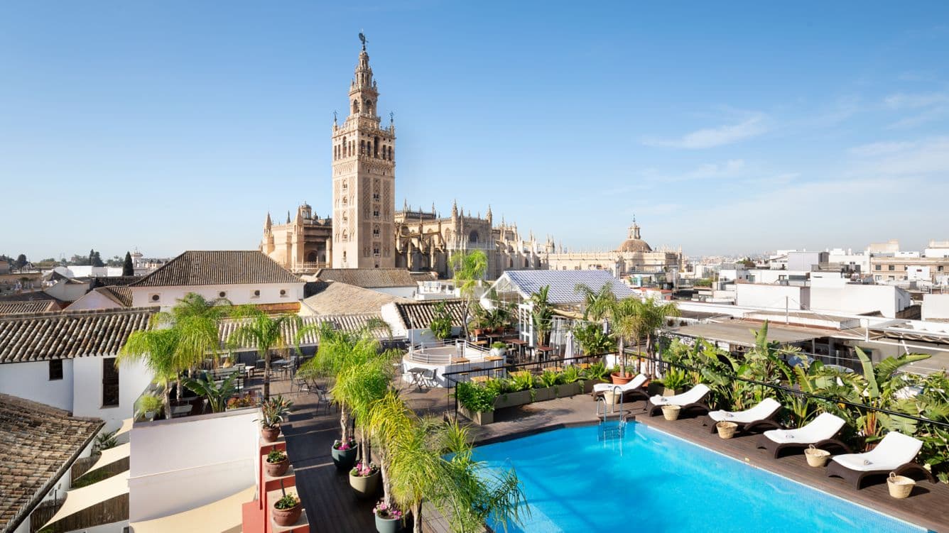 A sun-drenched rooftop terrace at Los Seises Sevilla with a small plunge pool in the foreground and the ornate Giralda tower rising majestically in the background.