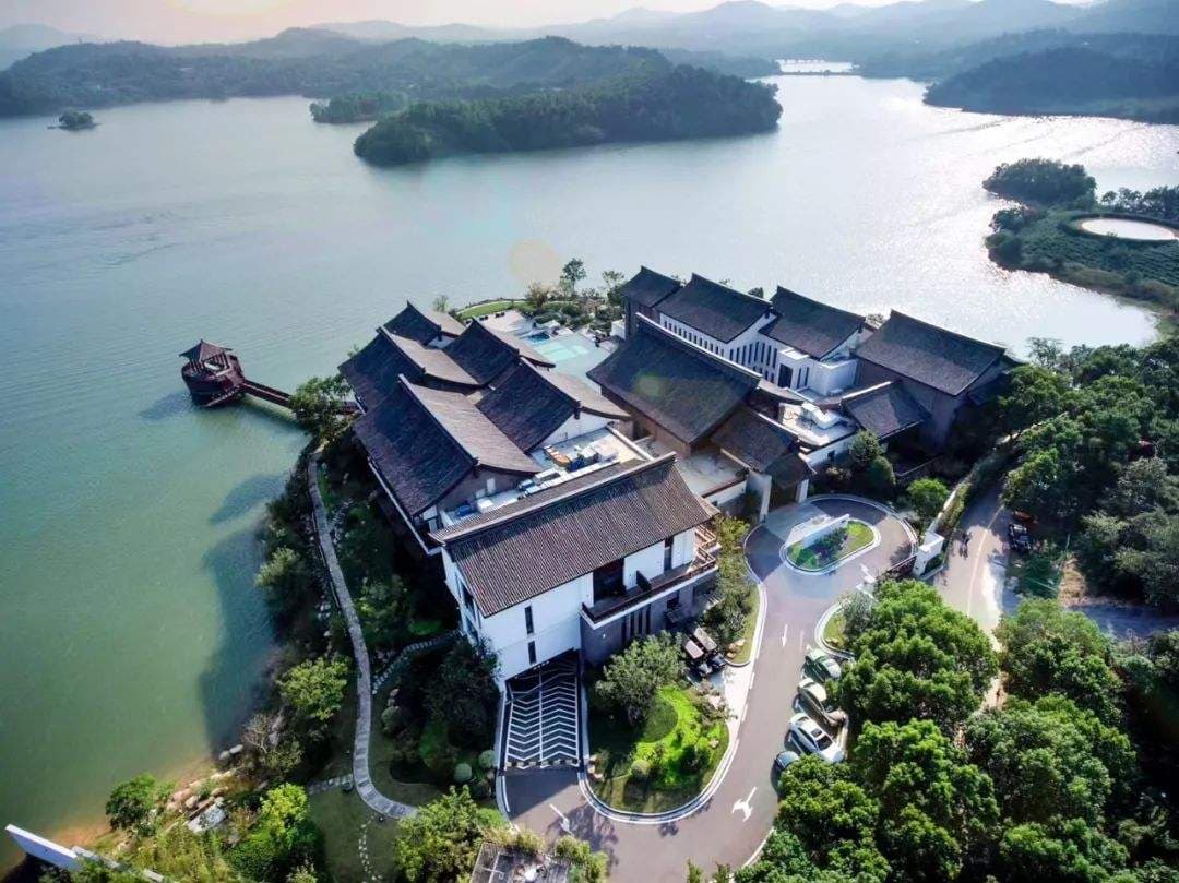 A minimalist tea lounge with 13-meter high ceilings and floor-to-ceiling windows framing a misty Tianmu Lake.