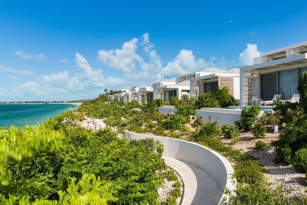 A dramatic 100-foot infinity pool at Rock House, perched on a limestone cliff overlooking the turquoise Atlantic Ocean.