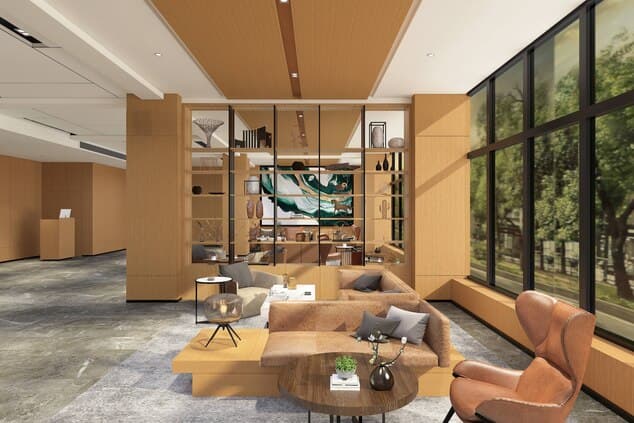 A sleek robot butler gliding through the warm, wood-paneled corridor of the Fairfield Harbin Downtown, delivering amenities.