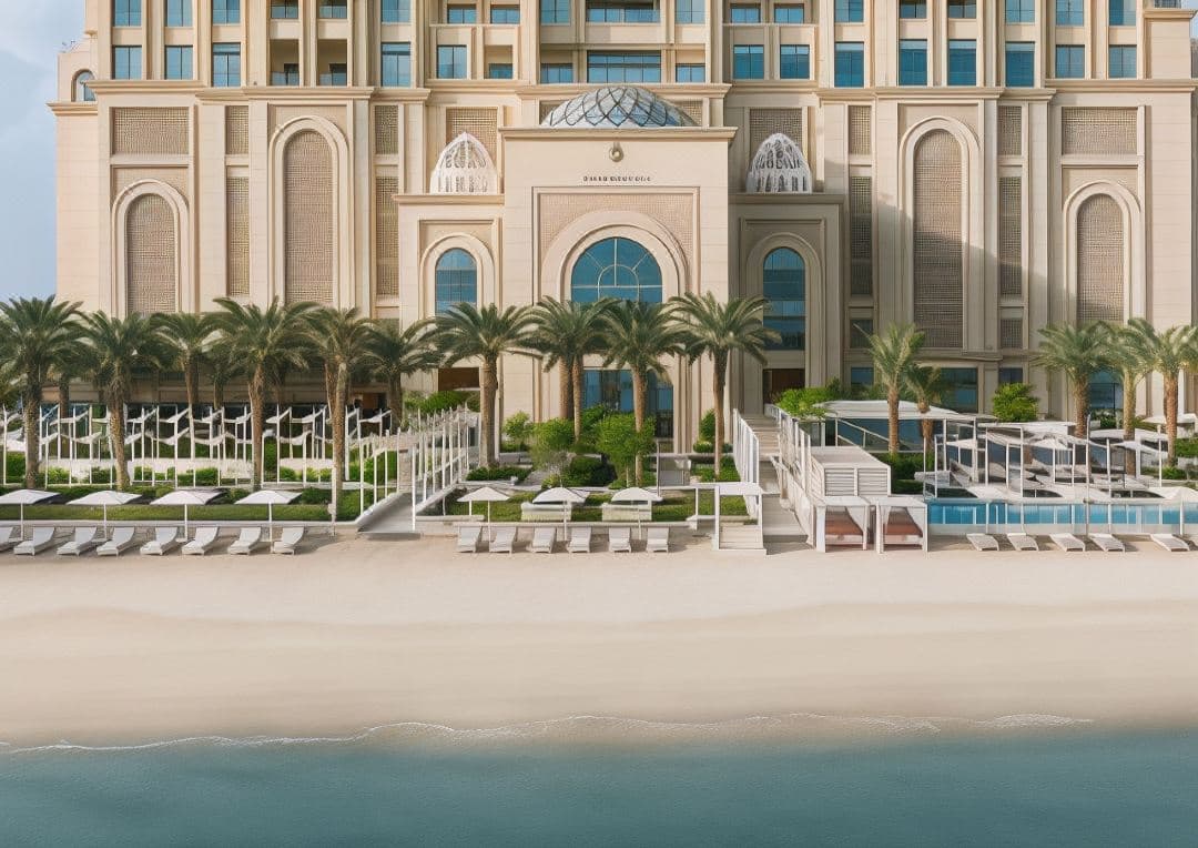 Elegant lobby of Four Seasons The Pearl featuring a floating glass table and grand floral arrangements with views of the Arabian Gulf.