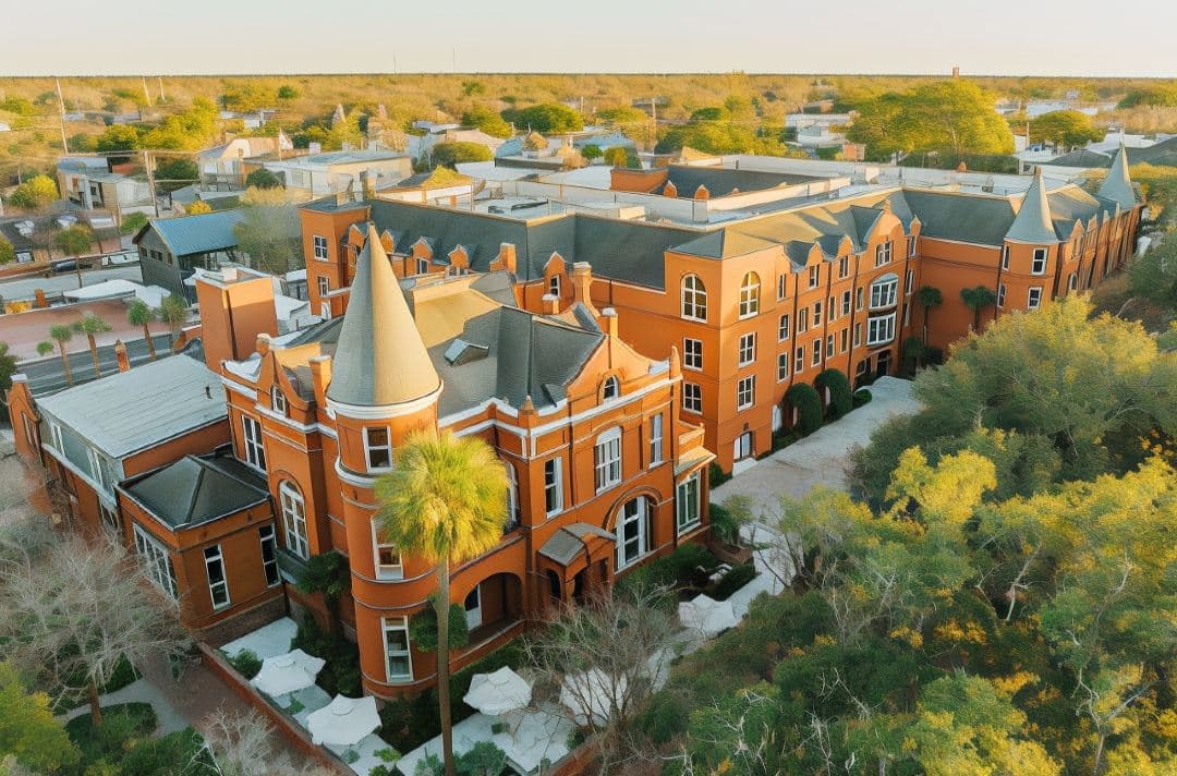 Hotel Bardo Savannah's 25-meter outdoor pool 'The Oasis' featuring pink umbrellas and striped cabanas against a historic red-brick Victorian mansion backdrop.