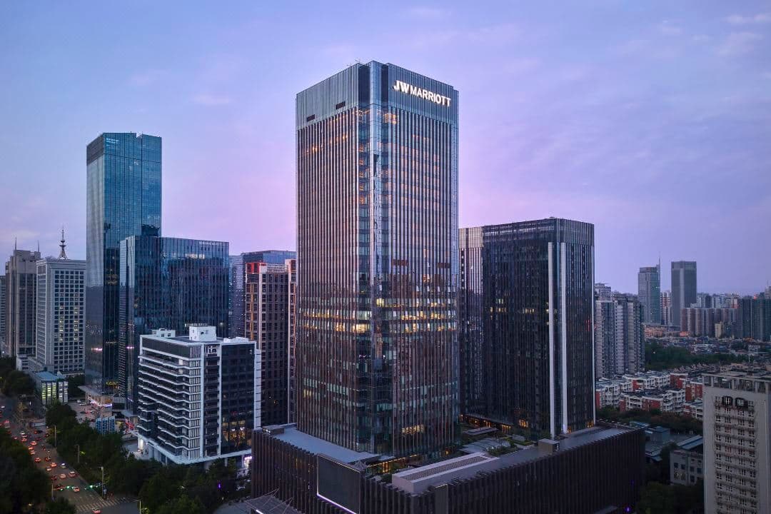 Elegant exterior and luxurious lobby of JW Marriott Hotel Xian Southwest in China.