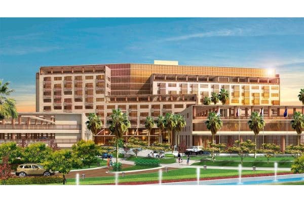 The Westin Doha's outdoor wave pool surrounded by lush palm trees and manicured gardens in the Bin Mahmoud district.