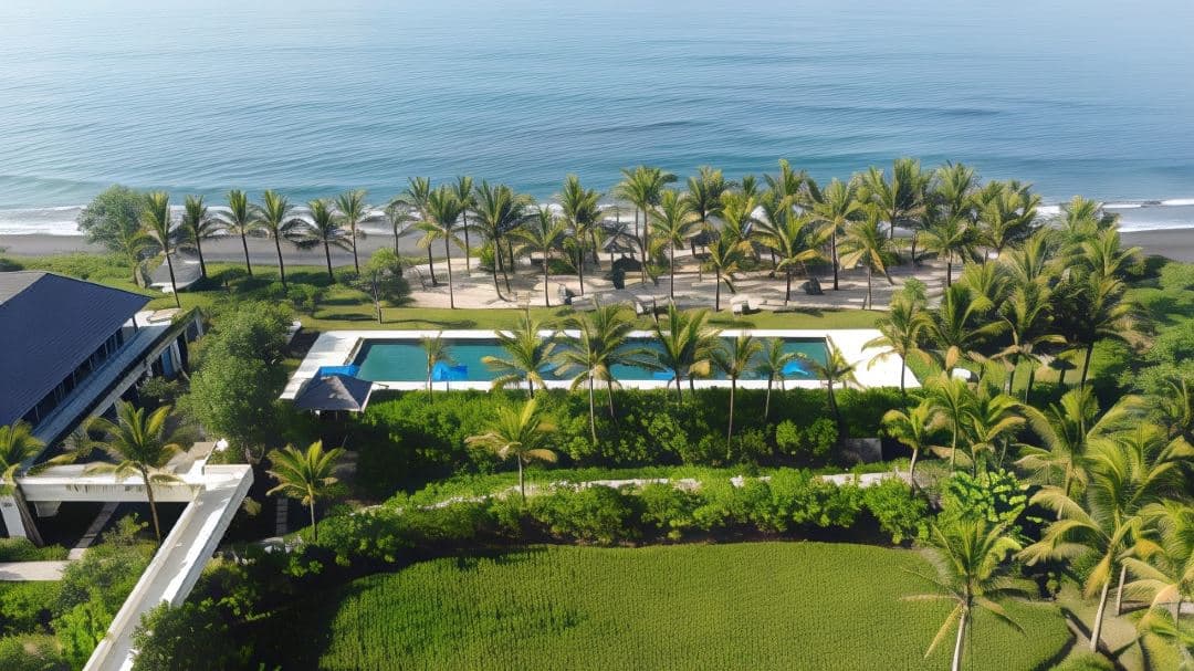 A private infinity pool at Komaneka at Keramas Beach bordering black volcanic sand and green rice fields.