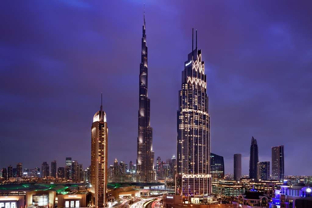 View from Kempinski The Boulevard infinity pool looking up at the Burj Khalifa.