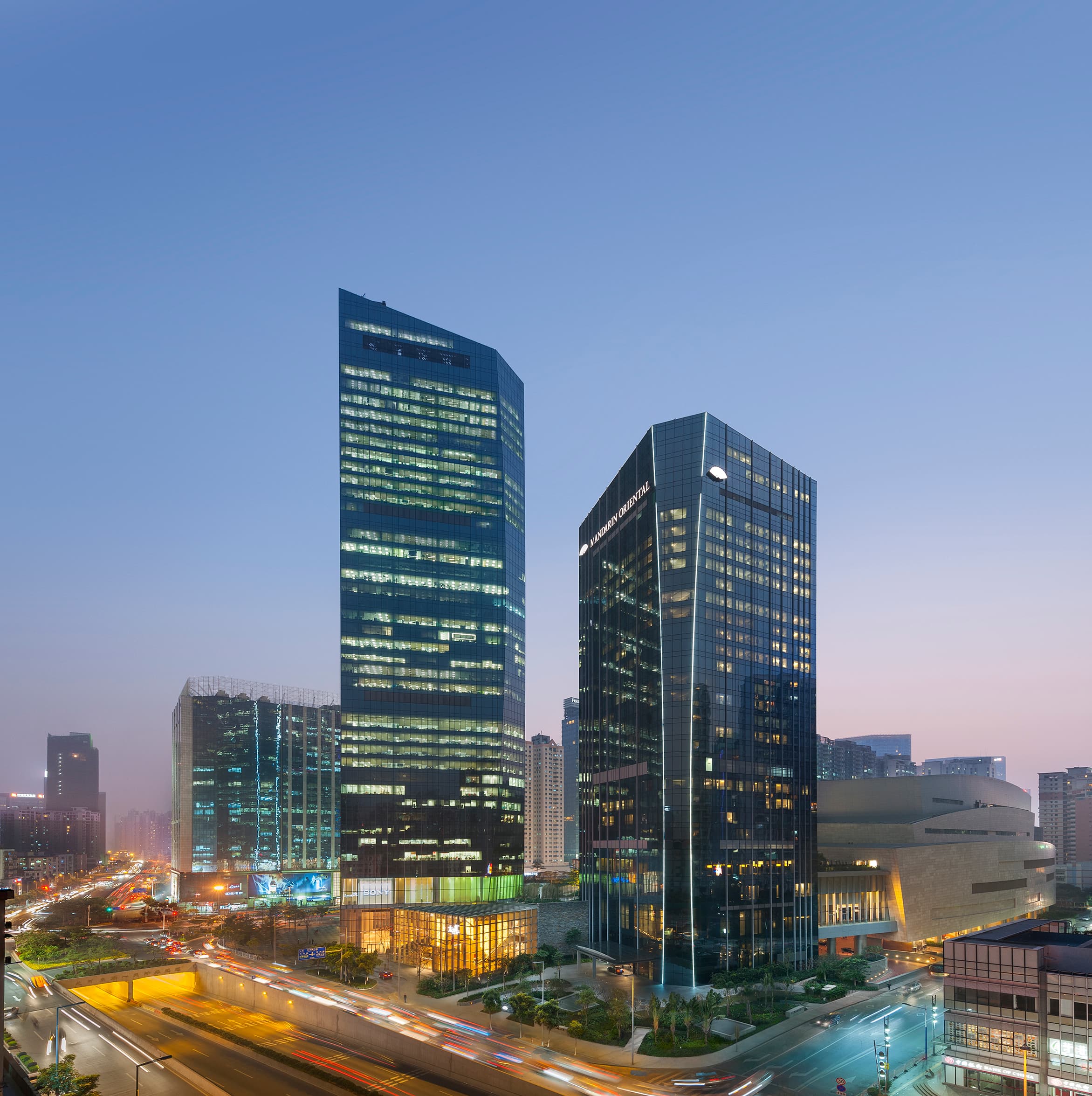 Exterior and luxurious entrance of Mandarin Oriental Guangzhou in Tianhe district.