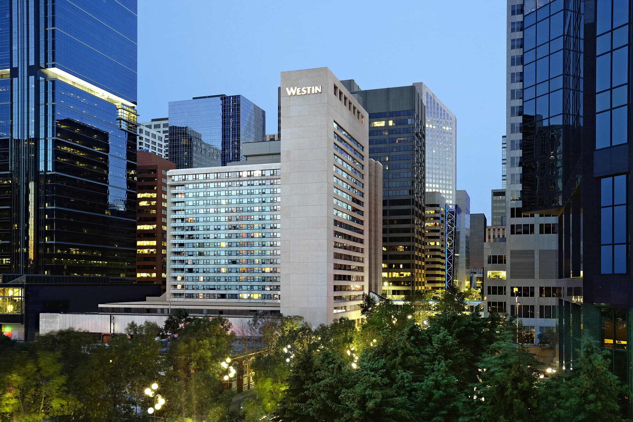 The Westin Calgary's indoor rooftop pool with vaulted ceilings and city skyline views.