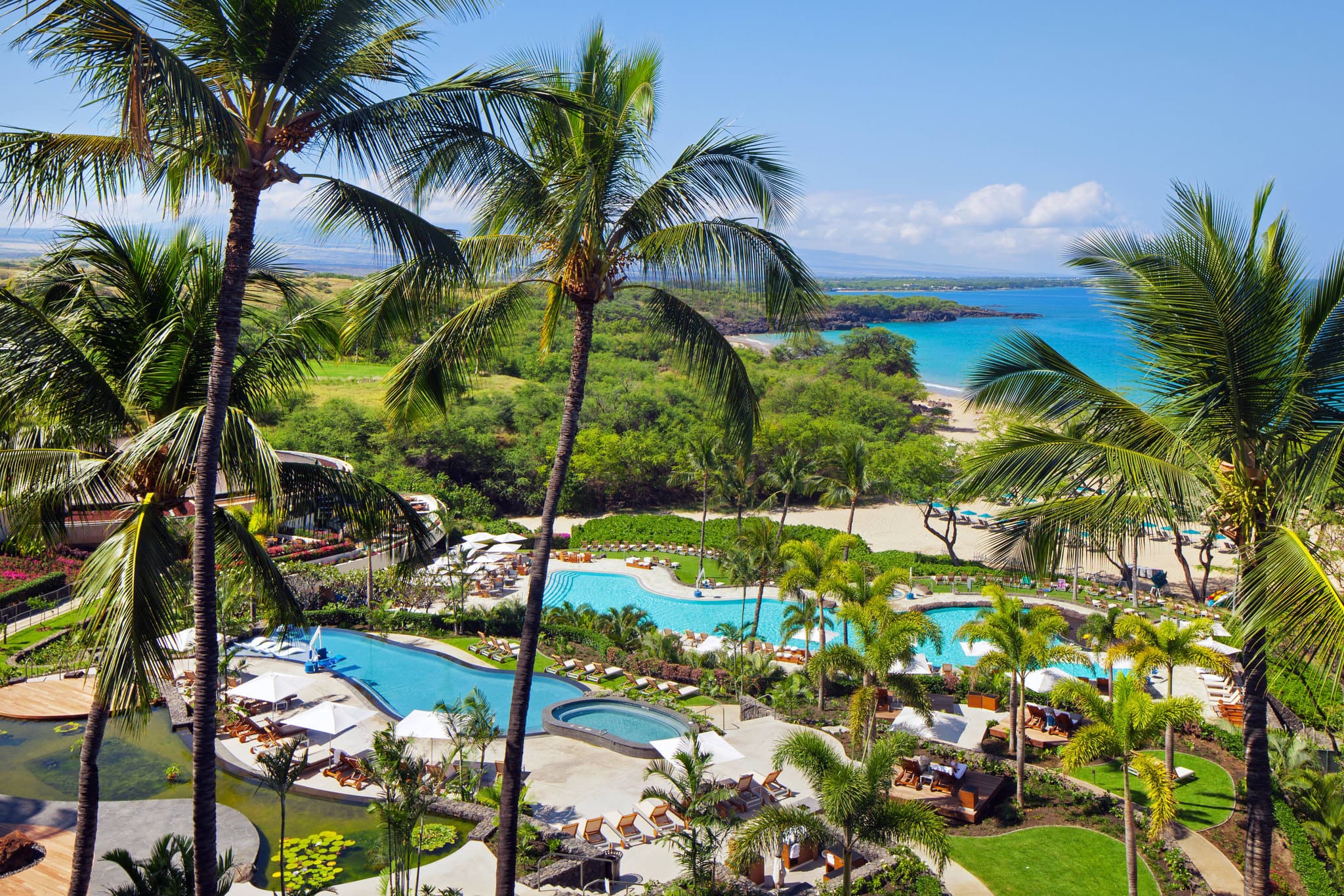 View from The Westin Hapuna Beach Resort lobby looking out over the adults-only infinity pool towards the Pacific Ocean at sunset.