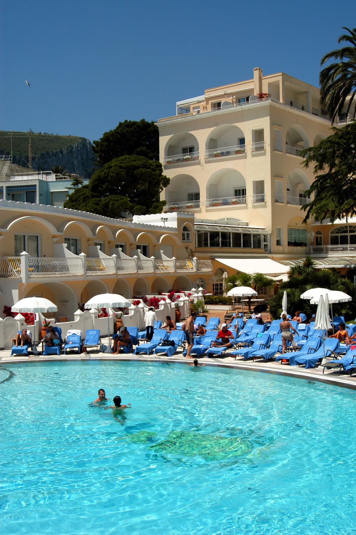 The Grand Hotel Quisisana's zero-edge marble pool deck lined with white loungers, framed by cypress trees with the Faraglioni rocks in the distance.