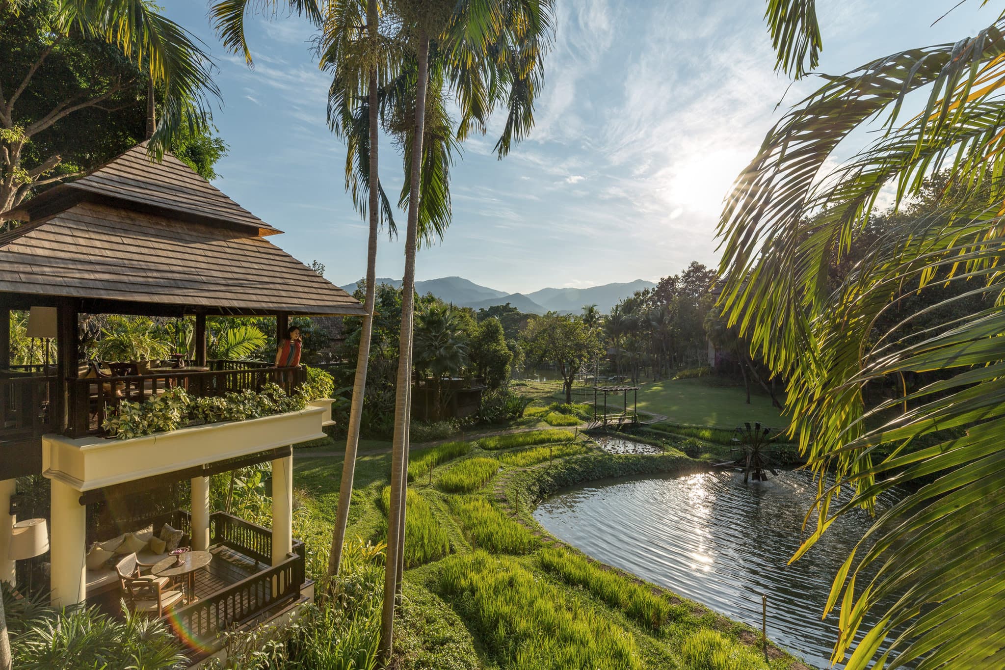 A lush, emerald green rice terrace at twilight with a traditional Thai Lanna pavilion glowing with warm lantern light in the background.