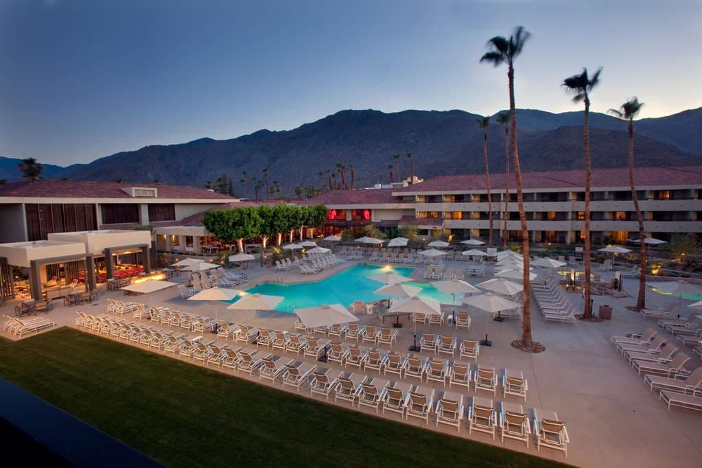 Expansive outdoor pool deck at Hilton Palm Springs featuring lounge chairs and umbrellas with the San Jacinto Mountains in the background.