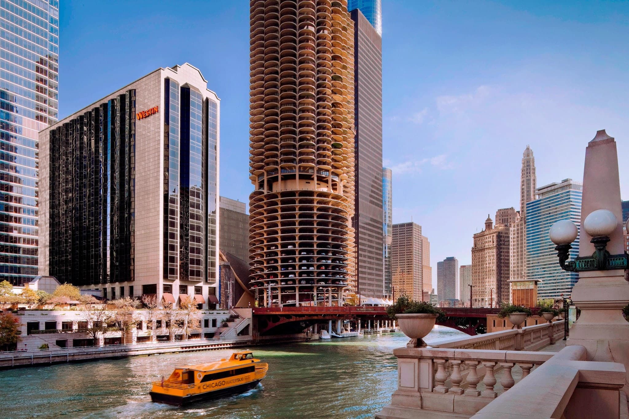 Patio view from 320 RiverBar overlooking the Chicago River and Marina City towers.