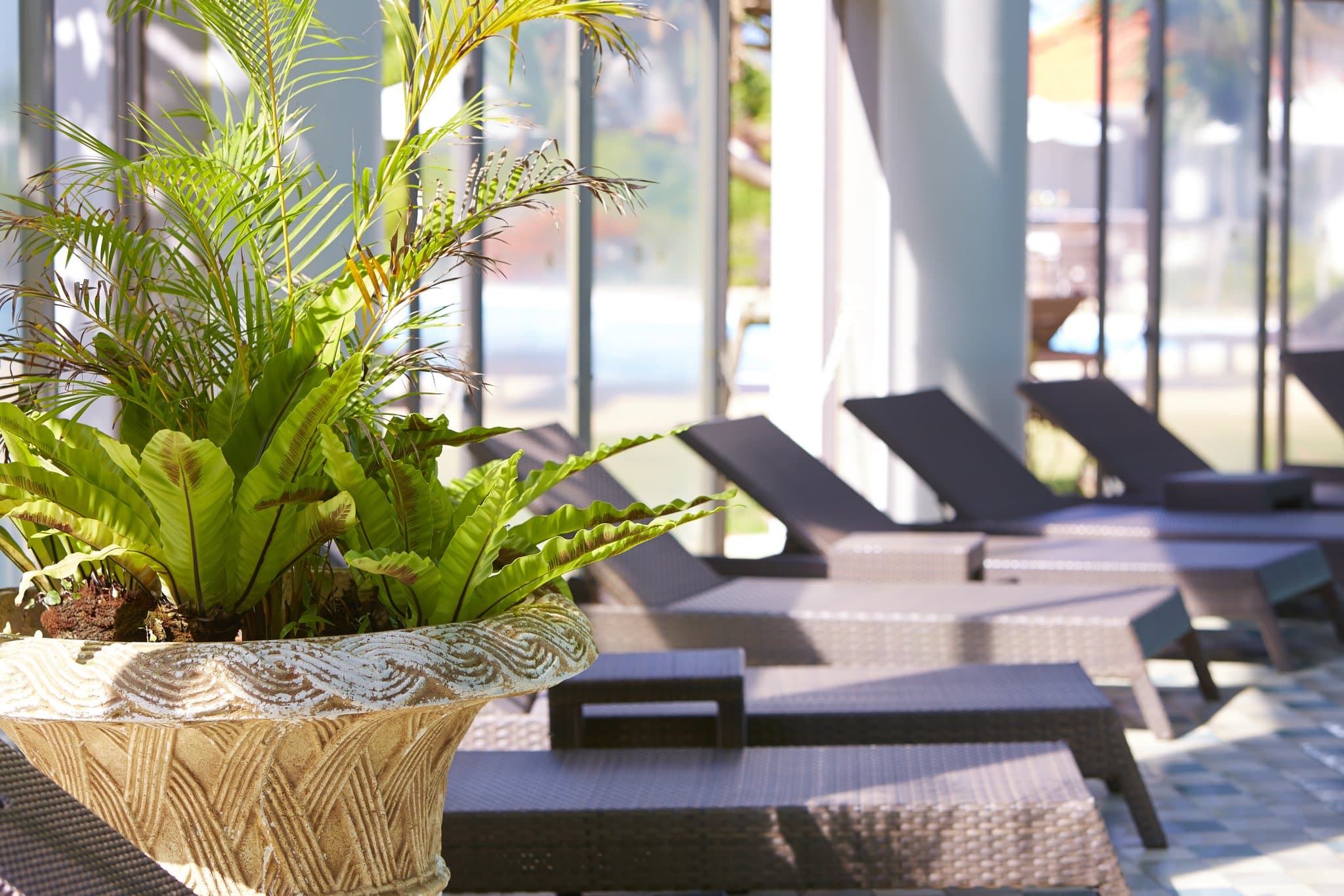 A sleek, modern white balcony of the Bay Wing at ANA InterContinental Ishigaki framing a view of the turquoise ocean and a private infinity pool.