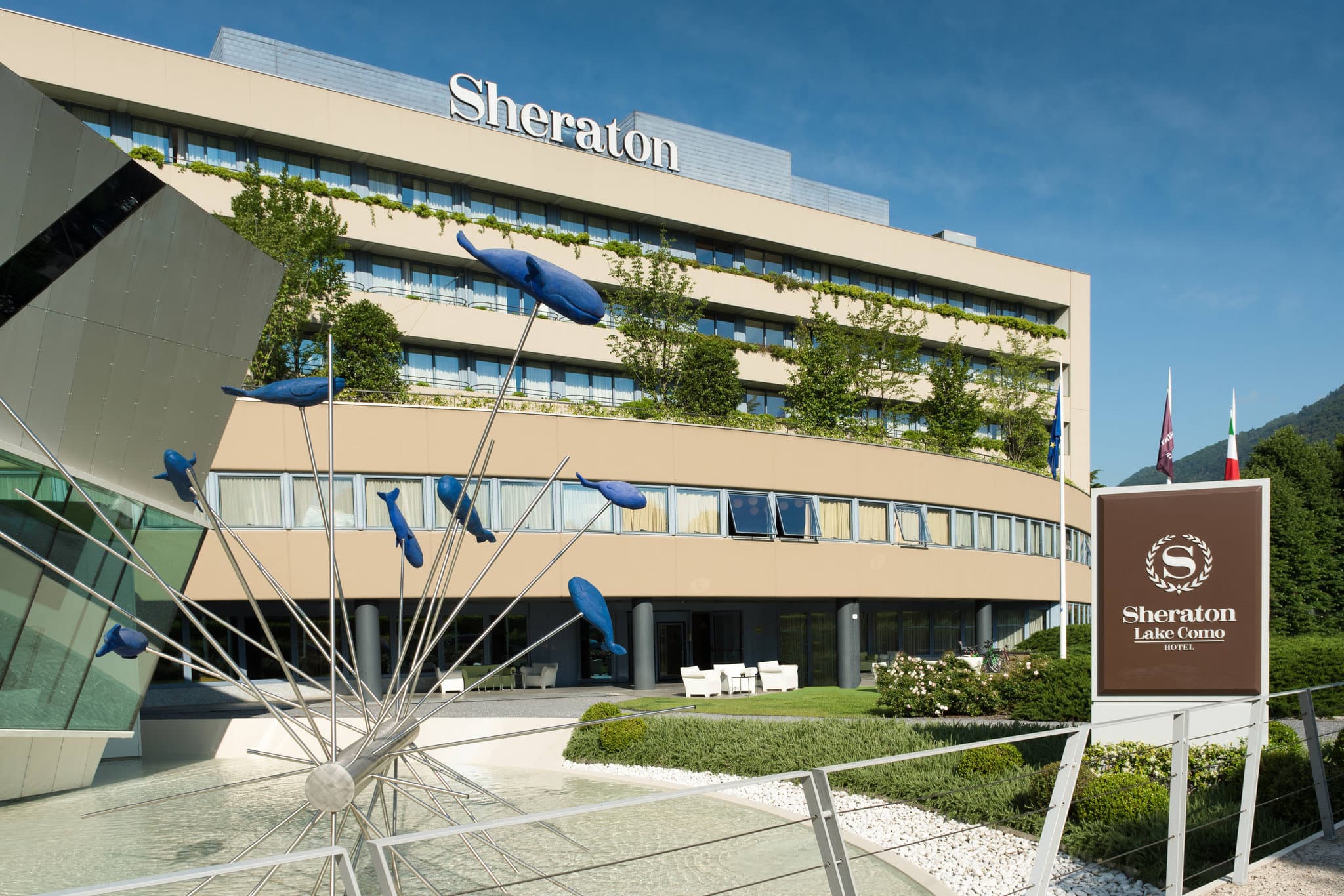 The Sheraton Lake Como's rectangular outdoor pool surrounded by a manicured green lawn and lounge chairs, with the Alps visible in the background.