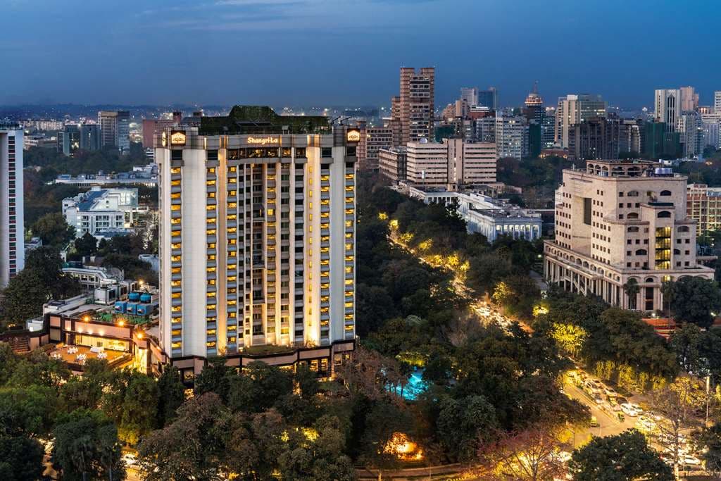 Panoramic view of New Delhi's Central Vista and India Gate seen from the Shangri-La Eros Horizon Club window.