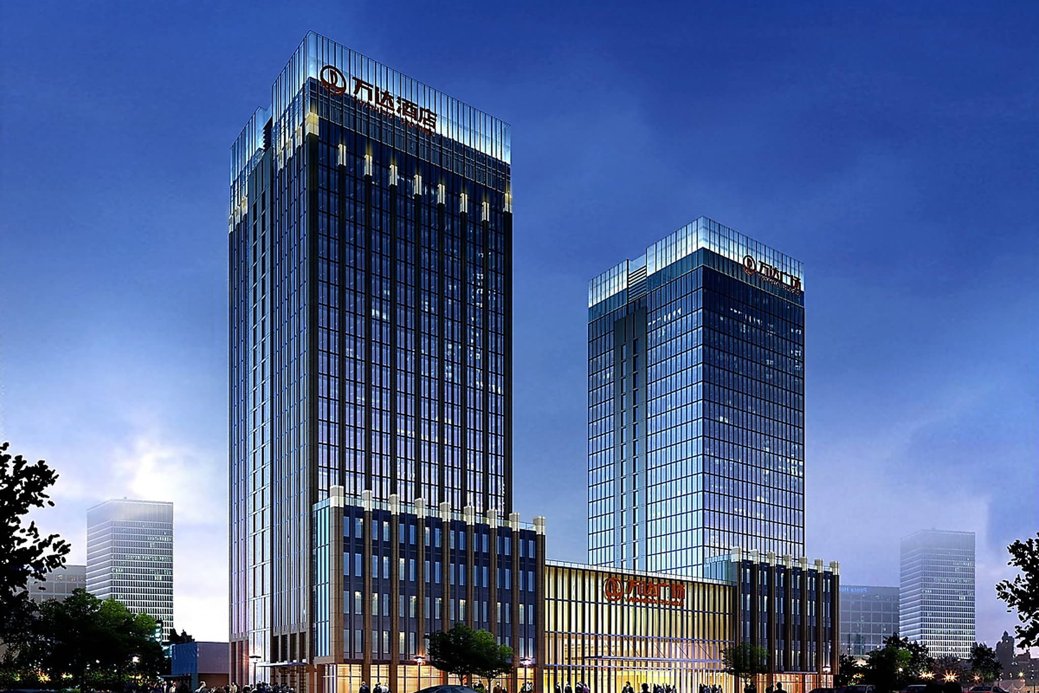 The Westin Fuzhou Minjiang indoor infinity pool at dusk with panoramic views of the Fuzhou skyline and Min River.