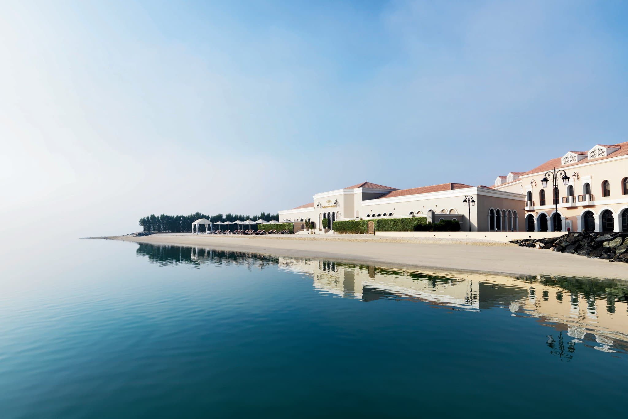 The massive 1,600 sqm infinity pool at The Ritz-Carlton Abu Dhabi, flanked by palm trees and Renaissance-style buildings with the Grand Mosque in the distance.